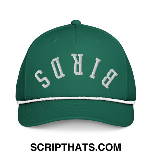 Green baseball cap with white embroidered birds lettering and contrasting white stitched brim in rope hat design