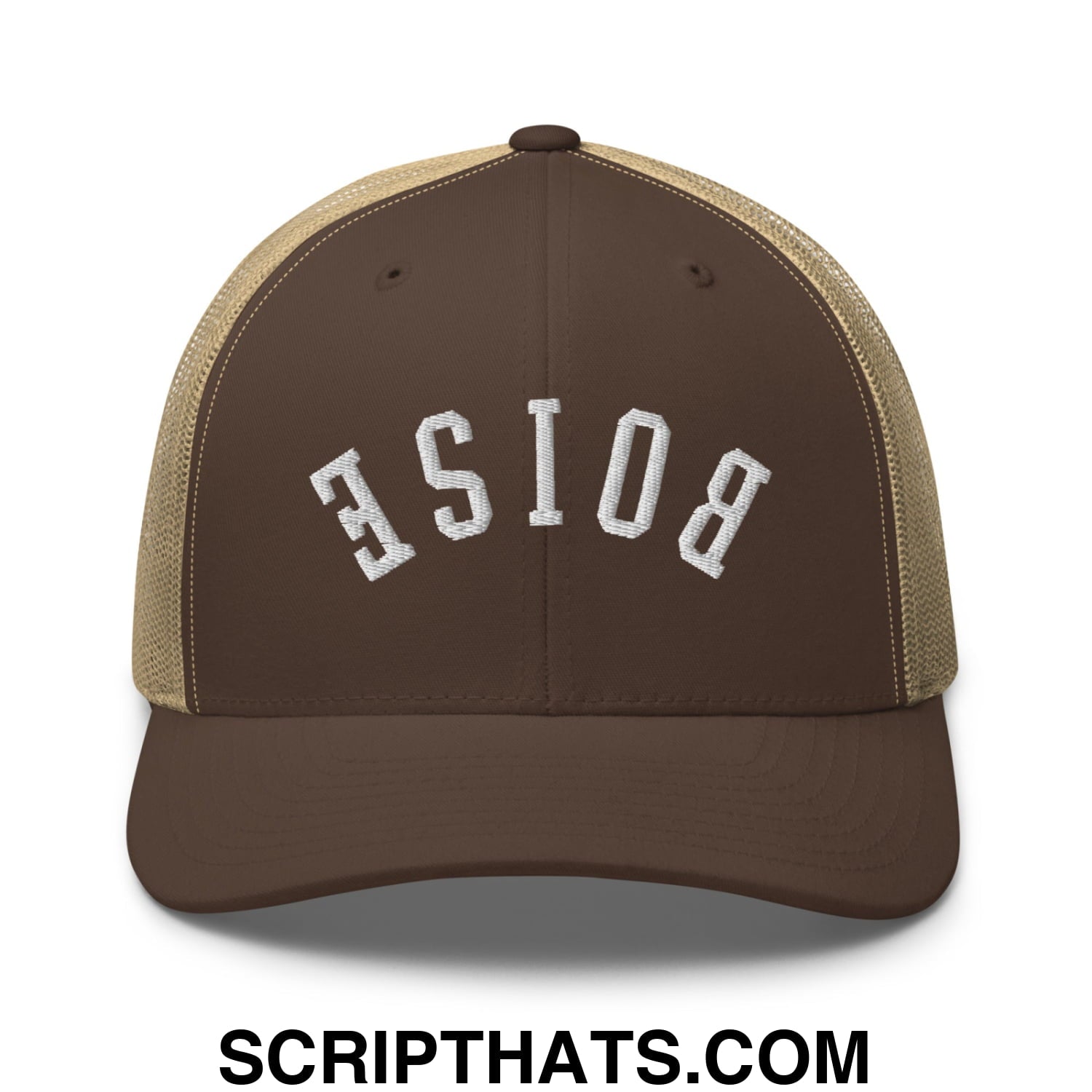 Upside Down Boise Embroidered Mesh Trucker Hat Brown Khaki
