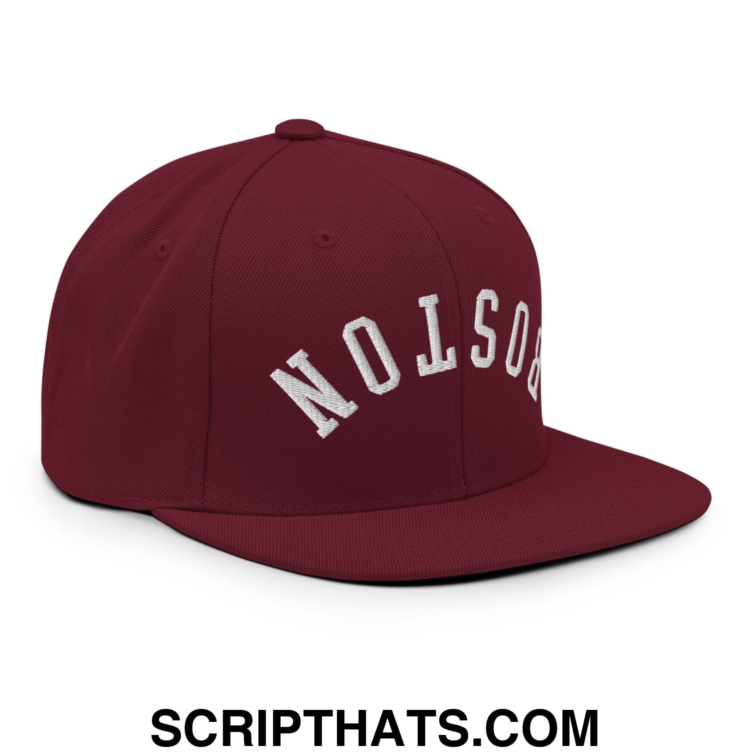 Upside Down Boston Embroidered Flat Bill Brim Snapback Hat Maroon