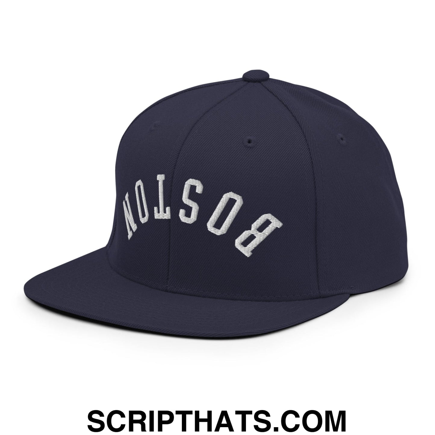 Upside Down Boston Embroidered Flat Bill Brim Snapback Hat Navy