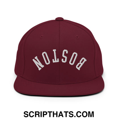 Upside Down Boston Embroidered Flat Bill Brim Snapback Hat Maroon
