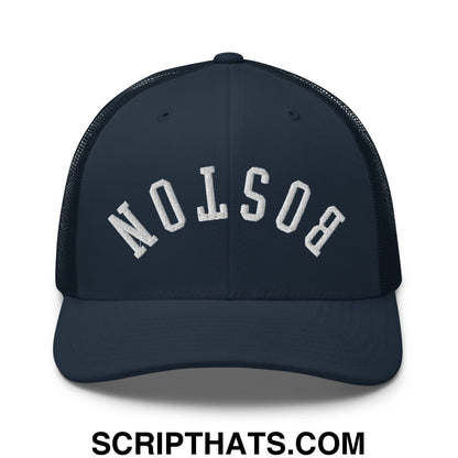 Upside Down Boston Embroidered Mesh Trucker Hat Navy