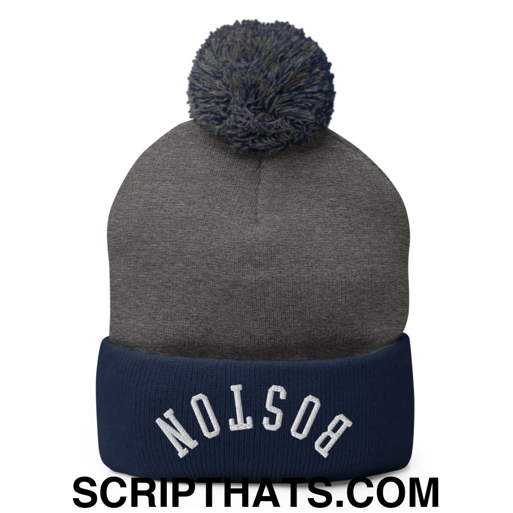 Upside Down Boston Embroidered Pom Pom Knit Beanie Dark Heather Grey Navy