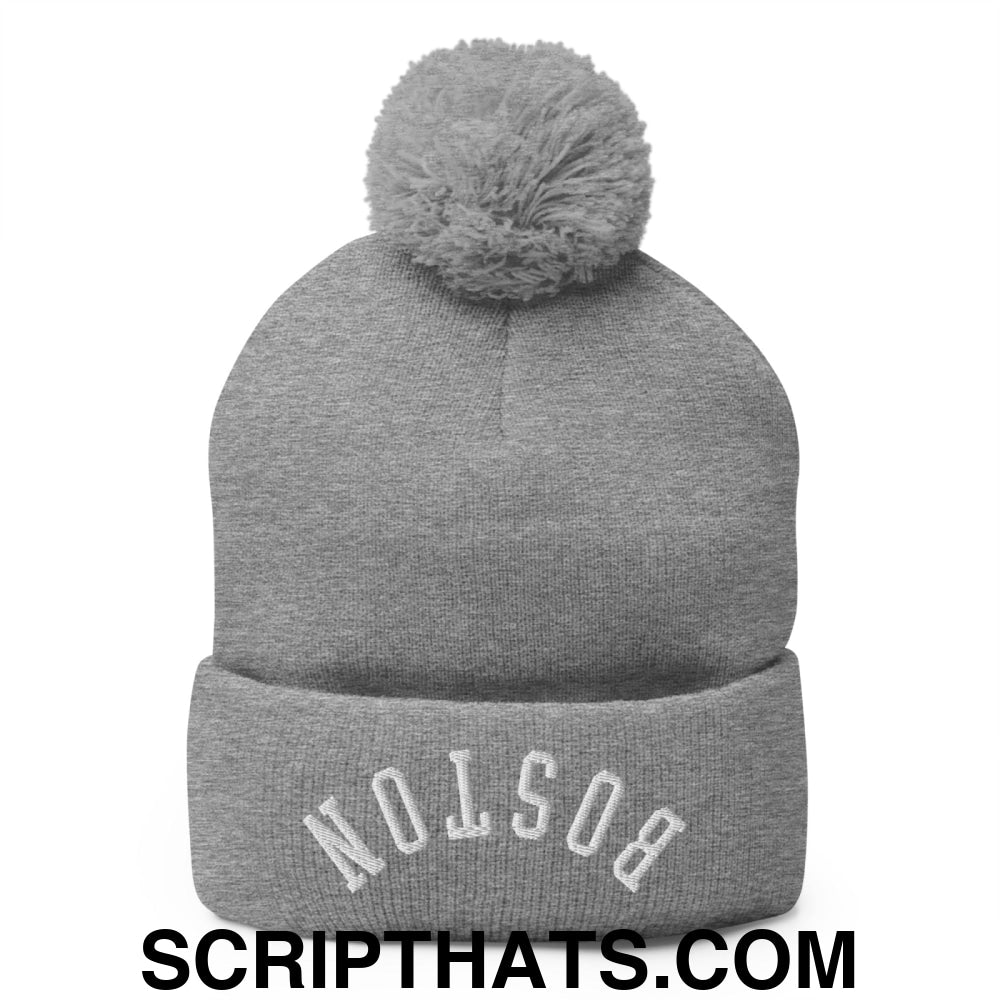 Upside Down Boston Embroidered Pom Pom Knit Beanie Heather Grey