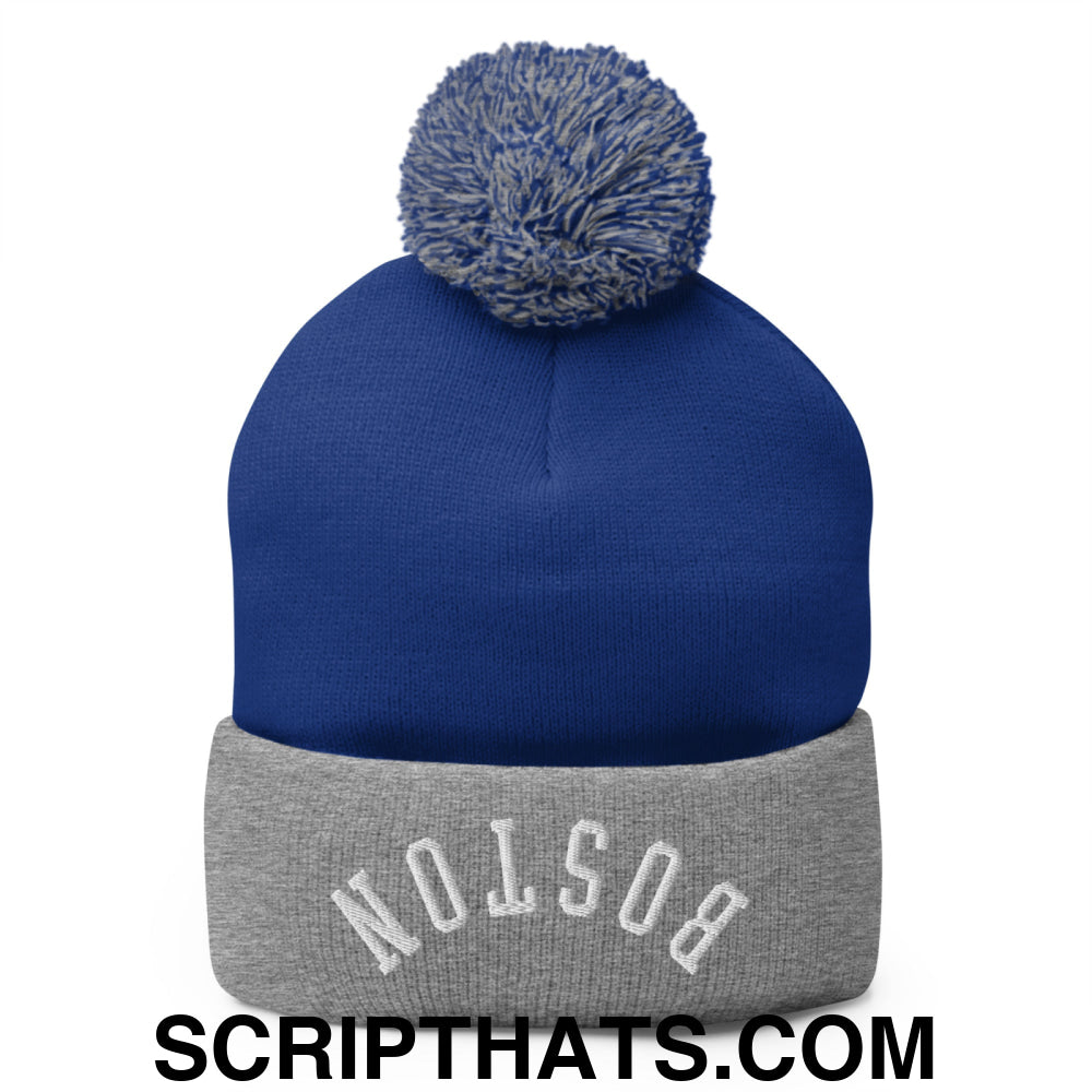 Upside Down Boston Embroidered Pom Pom Knit Beanie Royal Heather Grey