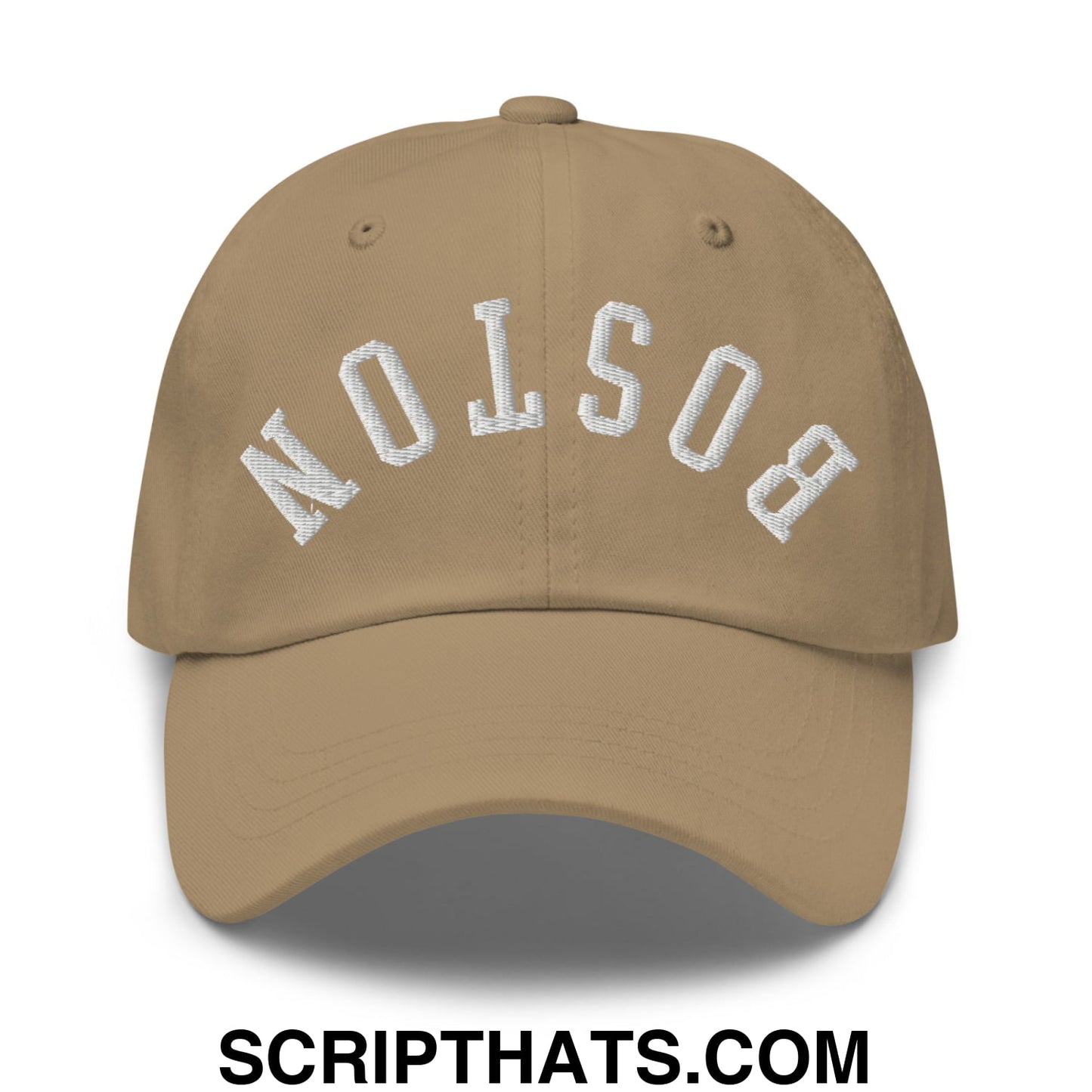 Upside Down Boston Embroidered Unstructured Dad Hat Khaki