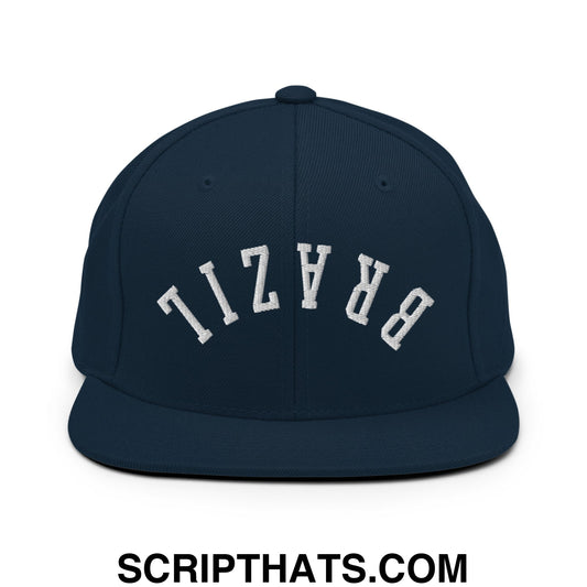 Navy blue snapback hat with white embroidered brazil lettering in an arched design and flat bill brim