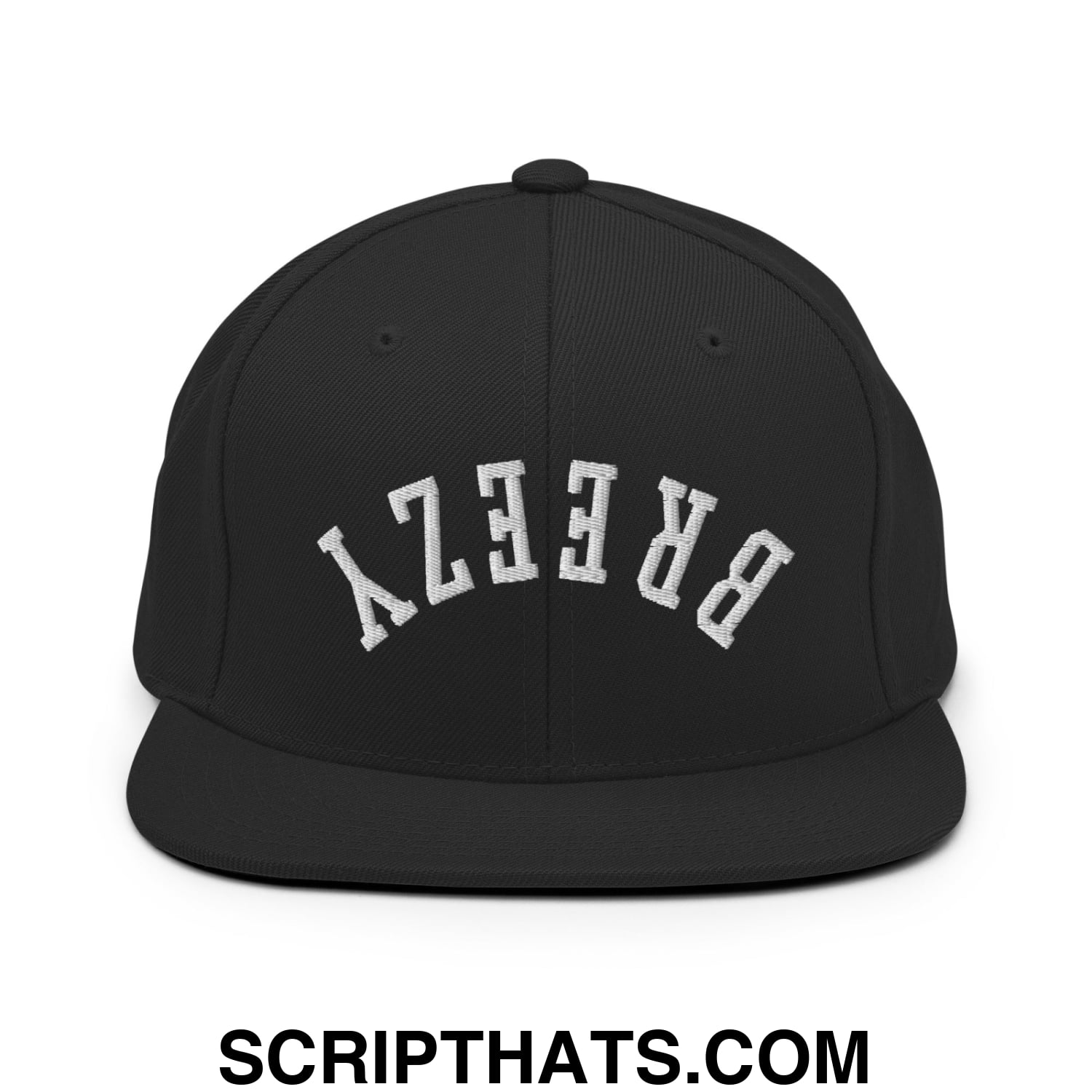 Black snapback cap with white embroidered breezy lettering in arched design and flat bill brim for casual wear