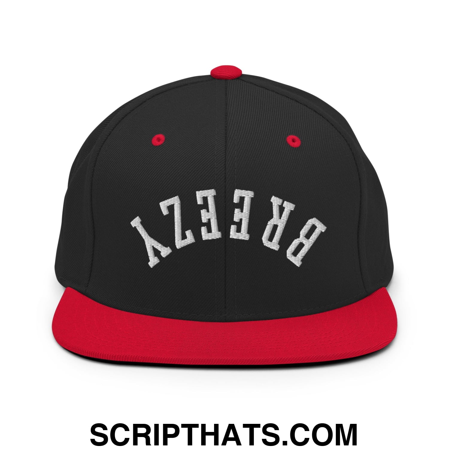 Black and red snapback hat with white embroidered breezy lettering and flat bill brim for casual wear