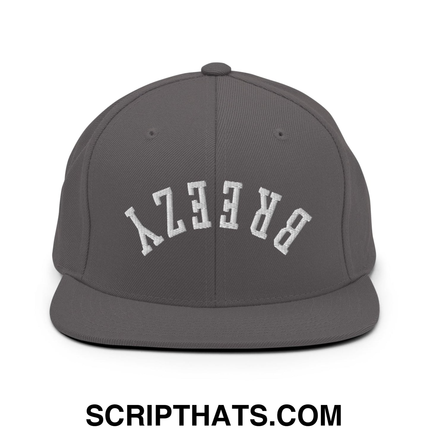Gray snapback hat with white arched breezy embroidery and flat bill brim for casual streetwear use