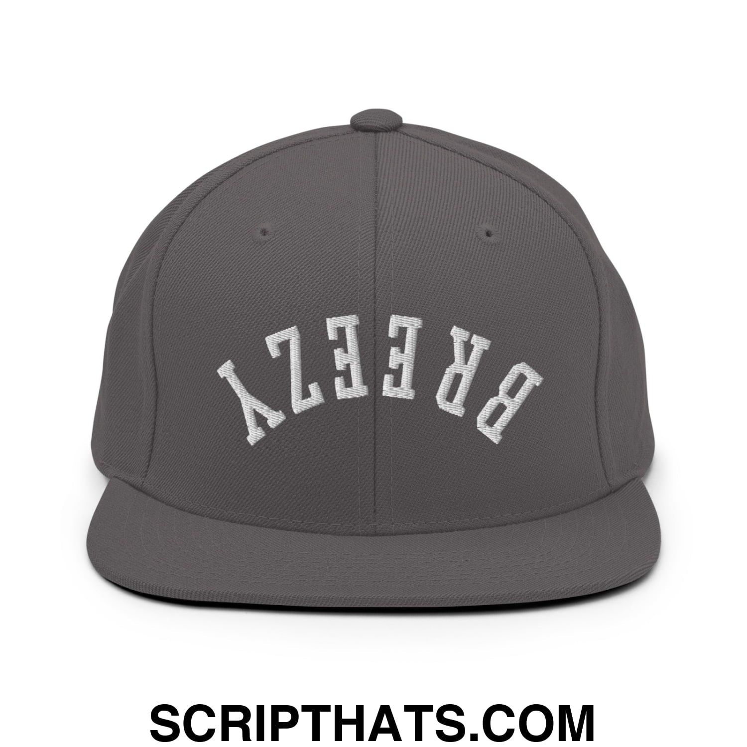 Gray snapback hat with white arched breezy embroidery and flat bill brim for casual streetwear use