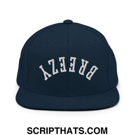 Upside Down Breezy Embroidered Flat Bill Brim Snapback Hat Dark Navy