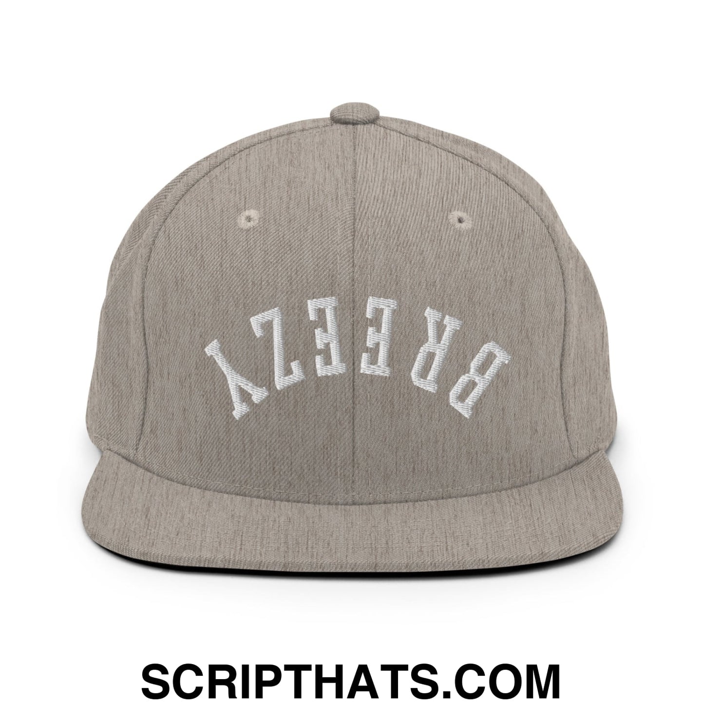 Gray snapback hat with white embroidered breezy lettering and flat bill brim in an upside down design