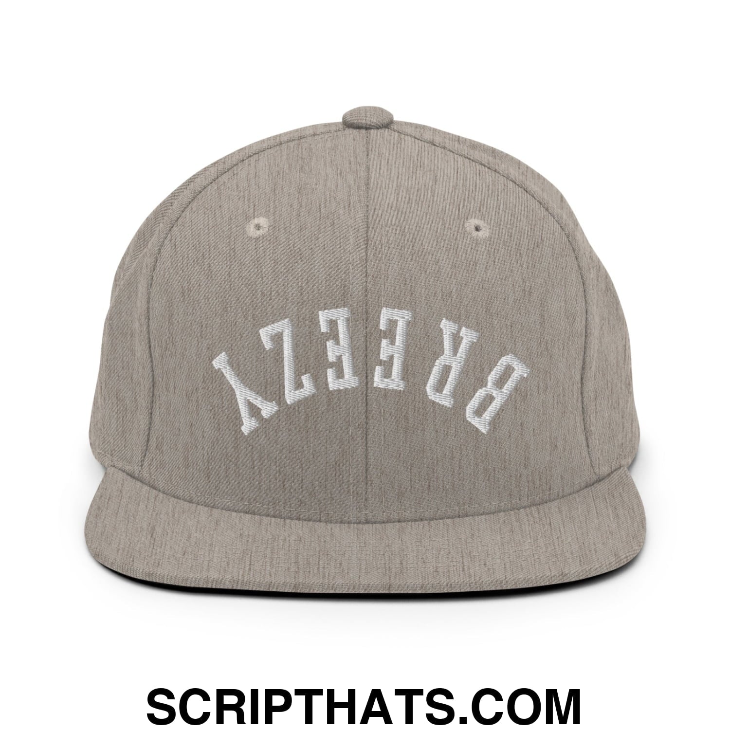 Gray snapback hat with white embroidered breezy lettering and flat bill brim in an upside down design