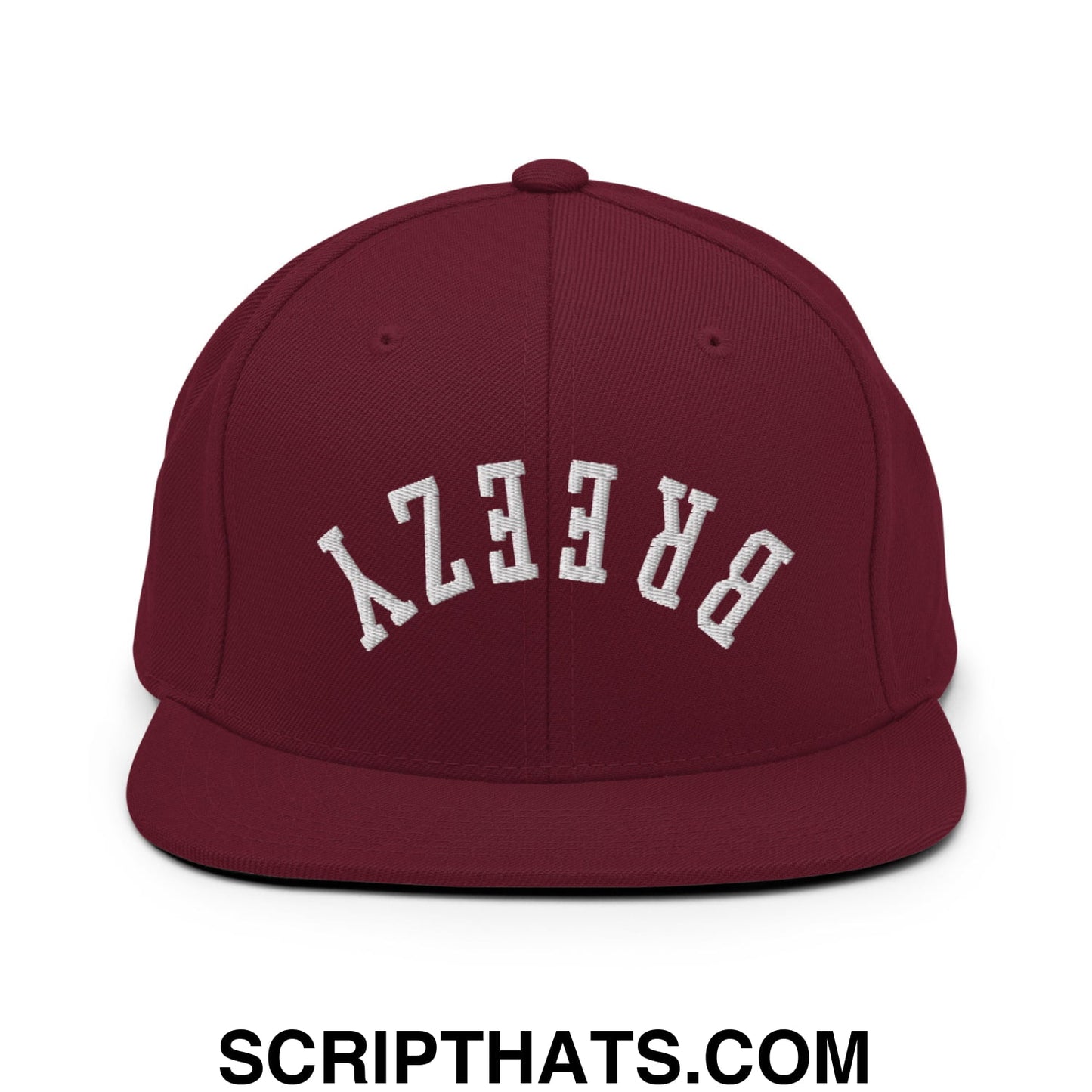 Maroon flat bill brim snapback hat with white arched breezy embroidery and adjustable closure
