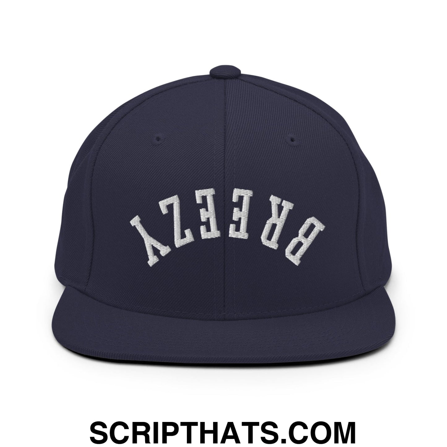 Navy blue snapback hat with white arched breezy embroidery and flat bill brim for casual wear