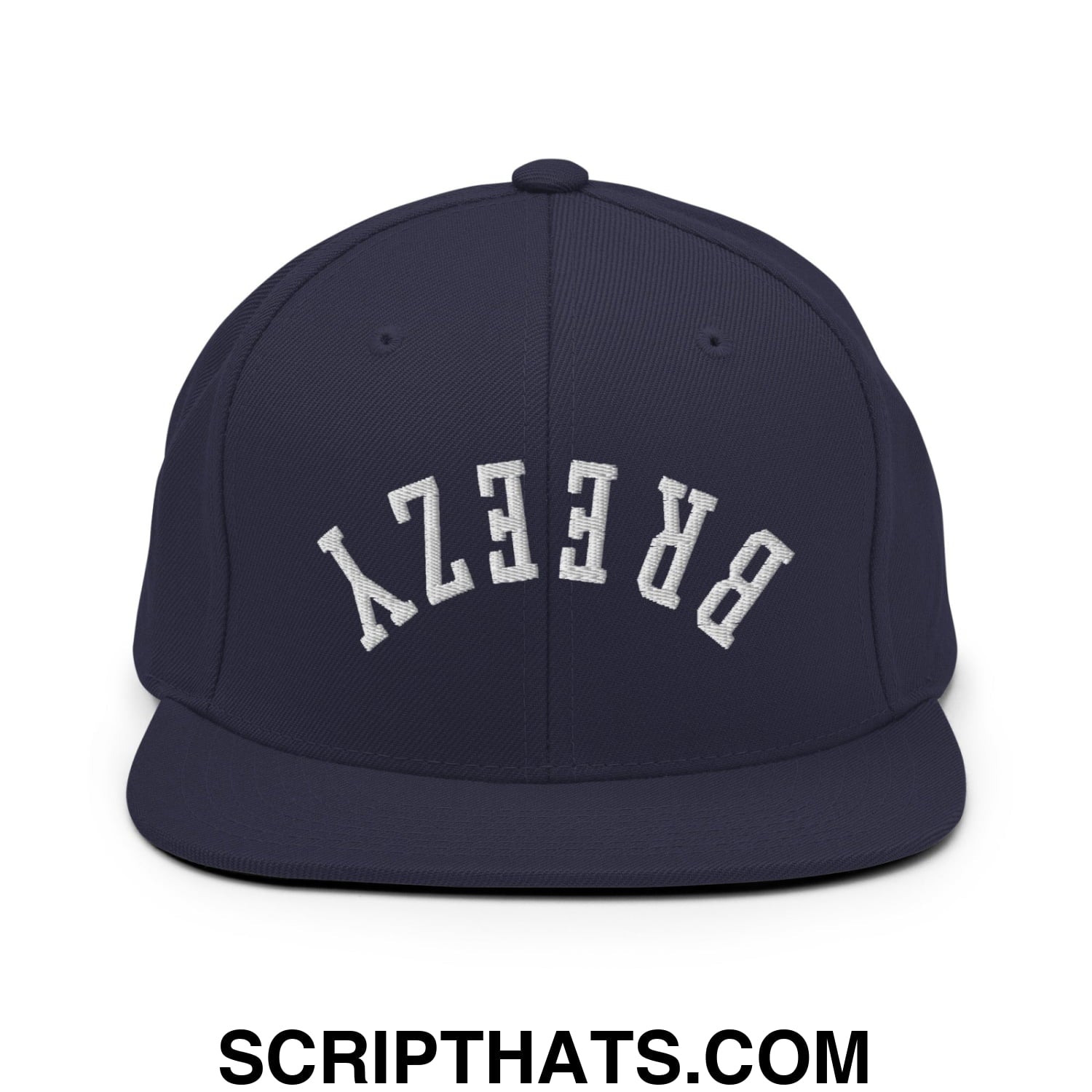 Navy blue snapback hat with white arched breezy embroidery and flat bill brim for casual wear