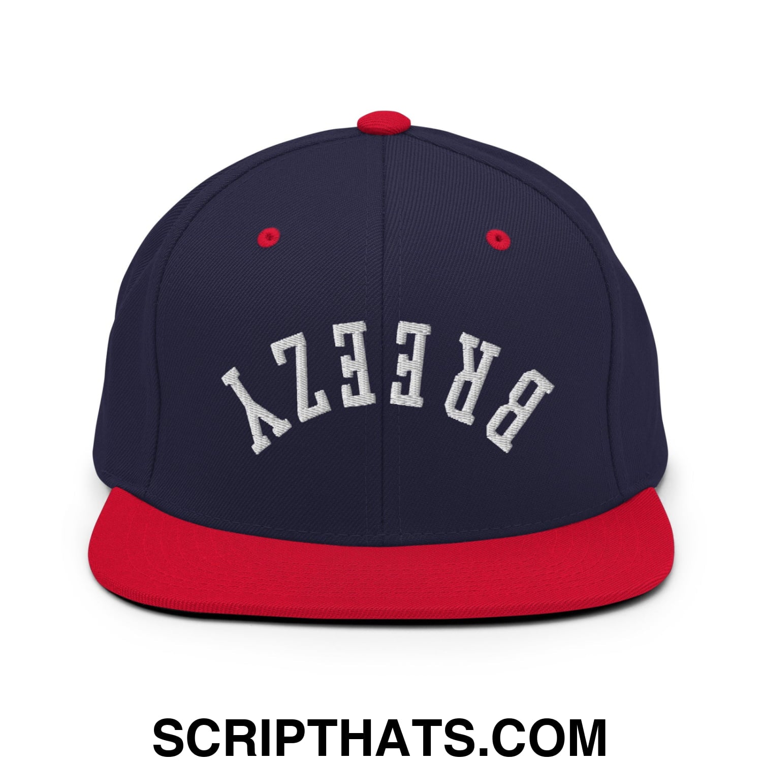 Navy blue and red snapback hat with white embroidered breezy lettering and flat bill brim for casual wear
