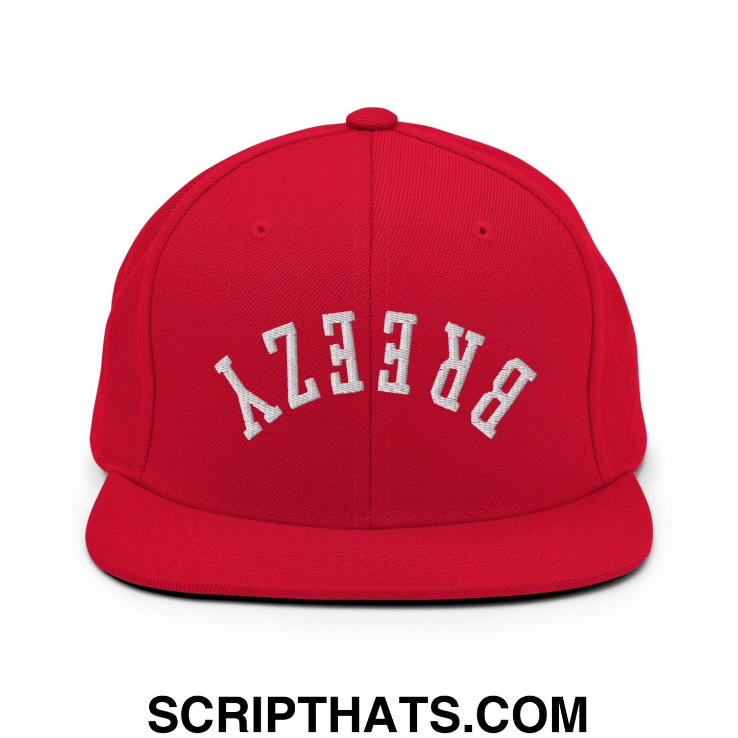 A vibrant red snapback hat with a flat bill brim and white embroidered breezy lettering in an arched design