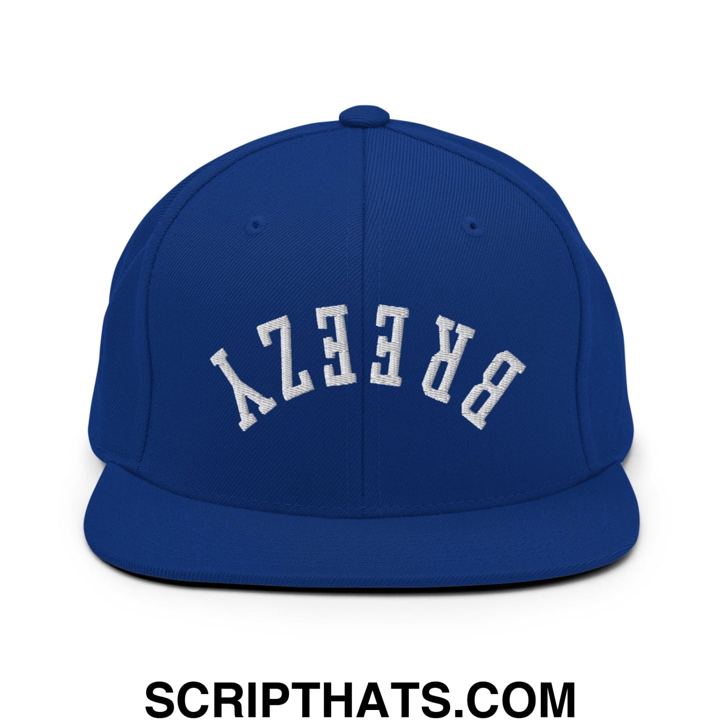 Royal blue snapback cap with upside down breezy embroidered flat bill brim in white stitching