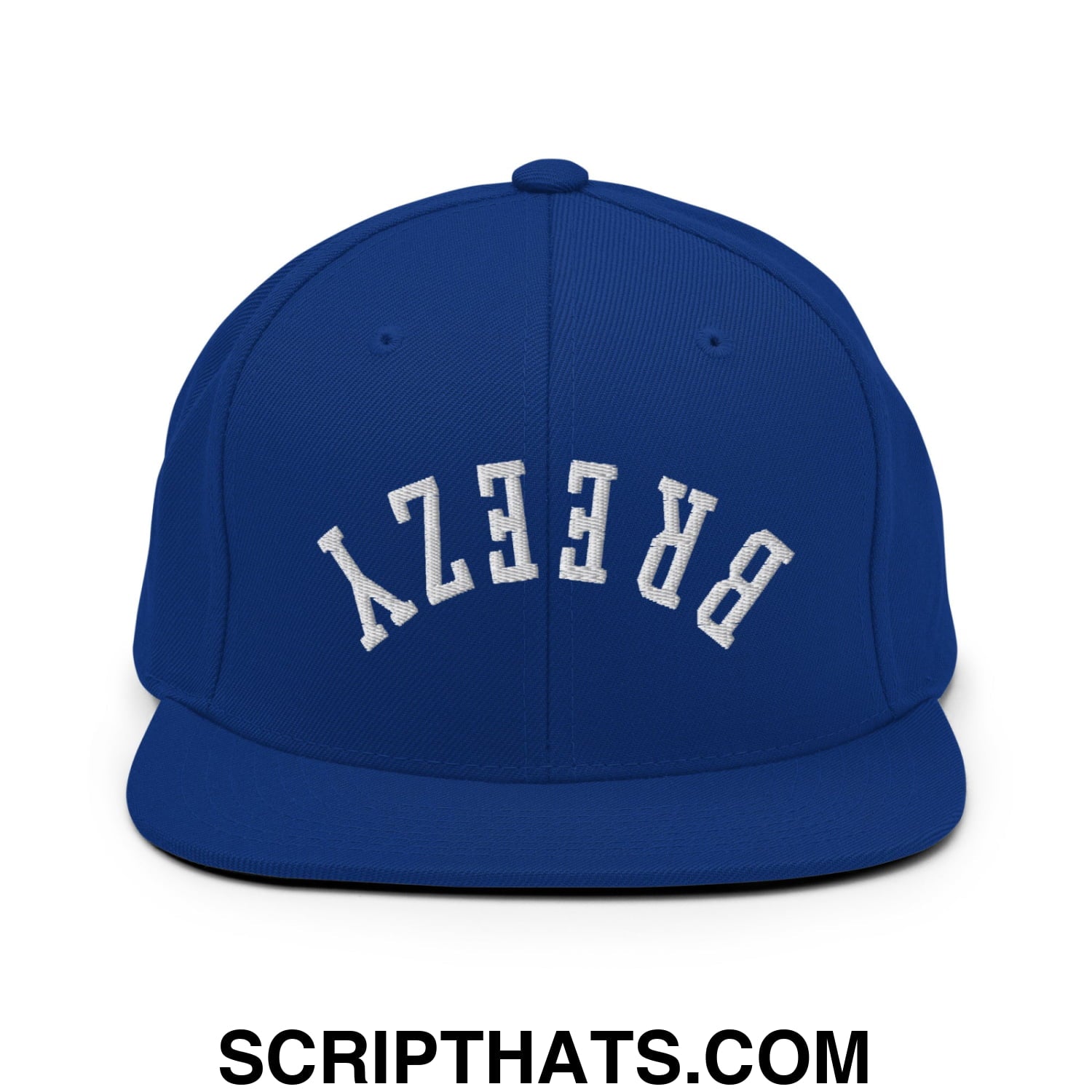 Royal blue snapback cap with upside down breezy embroidered flat bill brim in white stitching