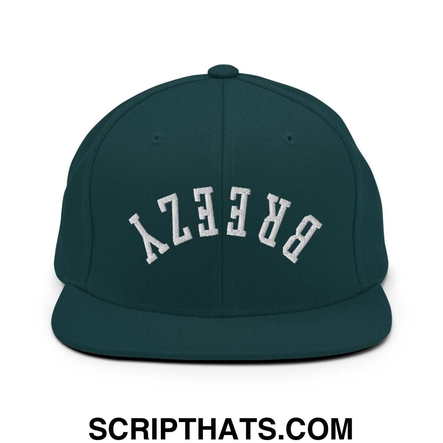 Dark green snapback cap with white embroidered breezy lettering in an arched design and flat bill brim