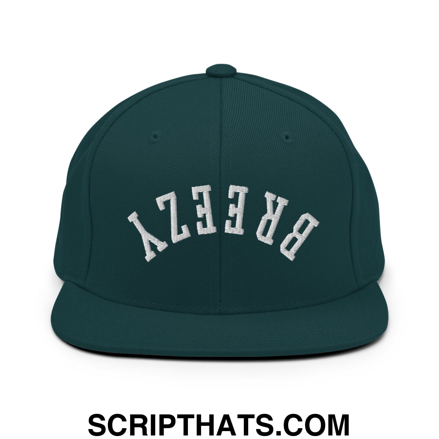 Dark green snapback cap with white embroidered breezy lettering in an arched design and flat bill brim