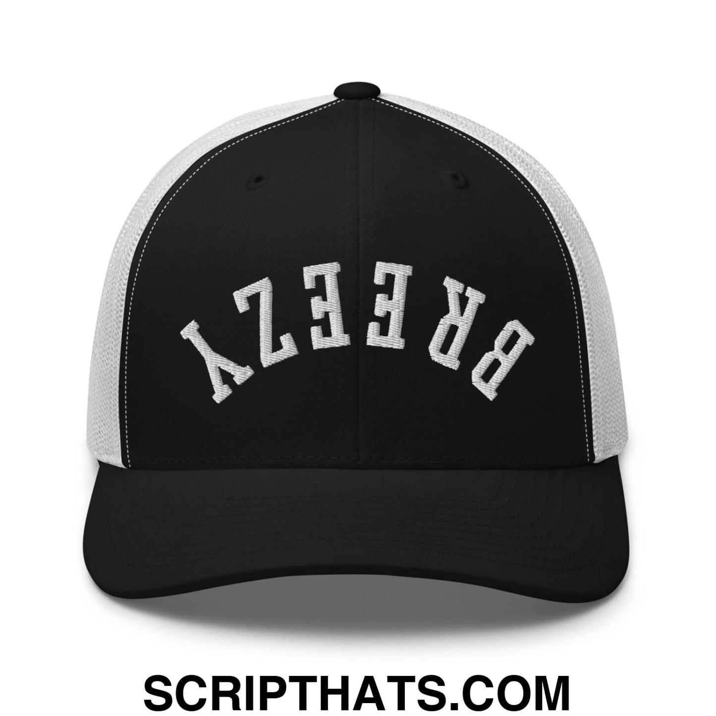 Black and white mesh trucker hat with breezy embroidered in bold arched lettering on the front panel