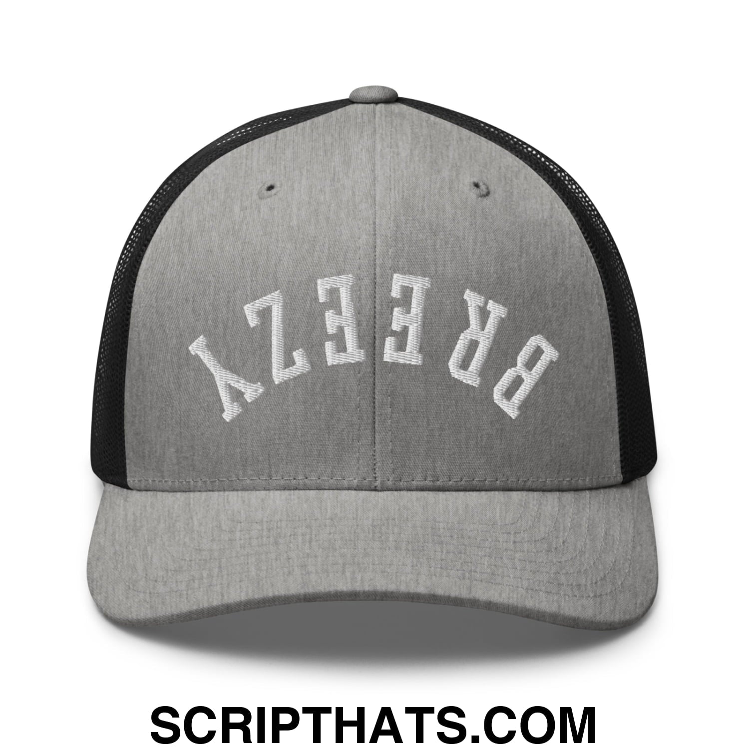 Gray and black mesh trucker hat with white embroidered breezy lettering featuring an upside down design