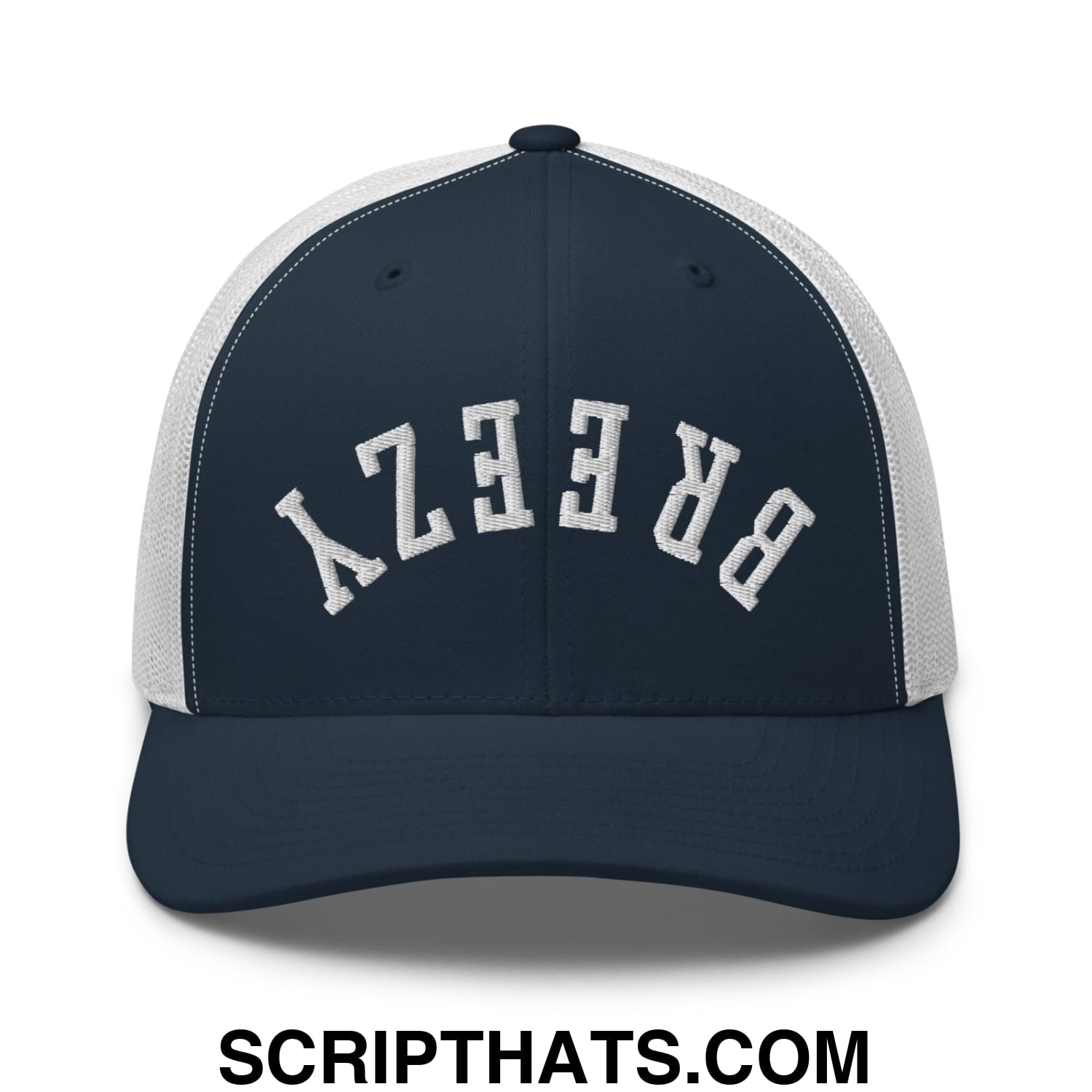 Navy blue and white mesh trucker hat with breezy embroidered in textured white lettering across the front