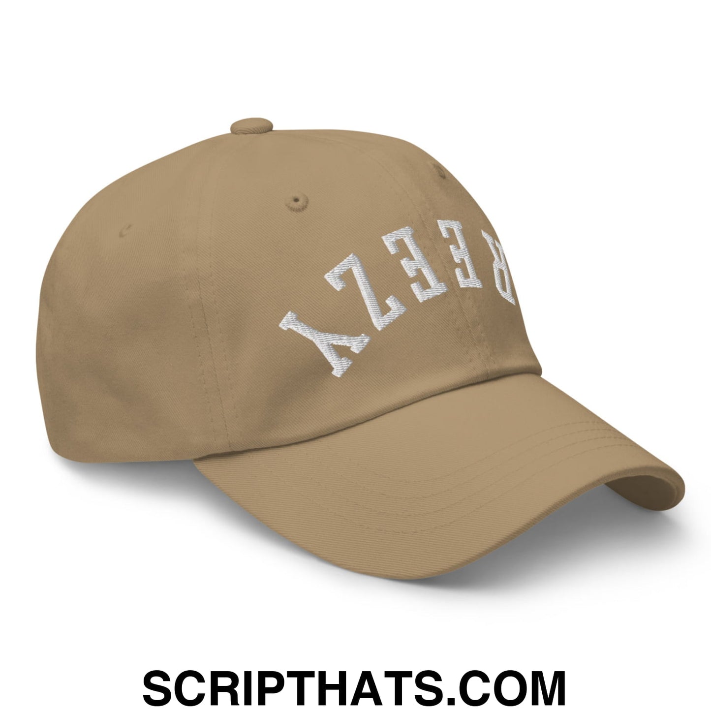 Tan upside down breezy unstructured dad hat with white embroidered bees lettering in a classic collegiate arch design