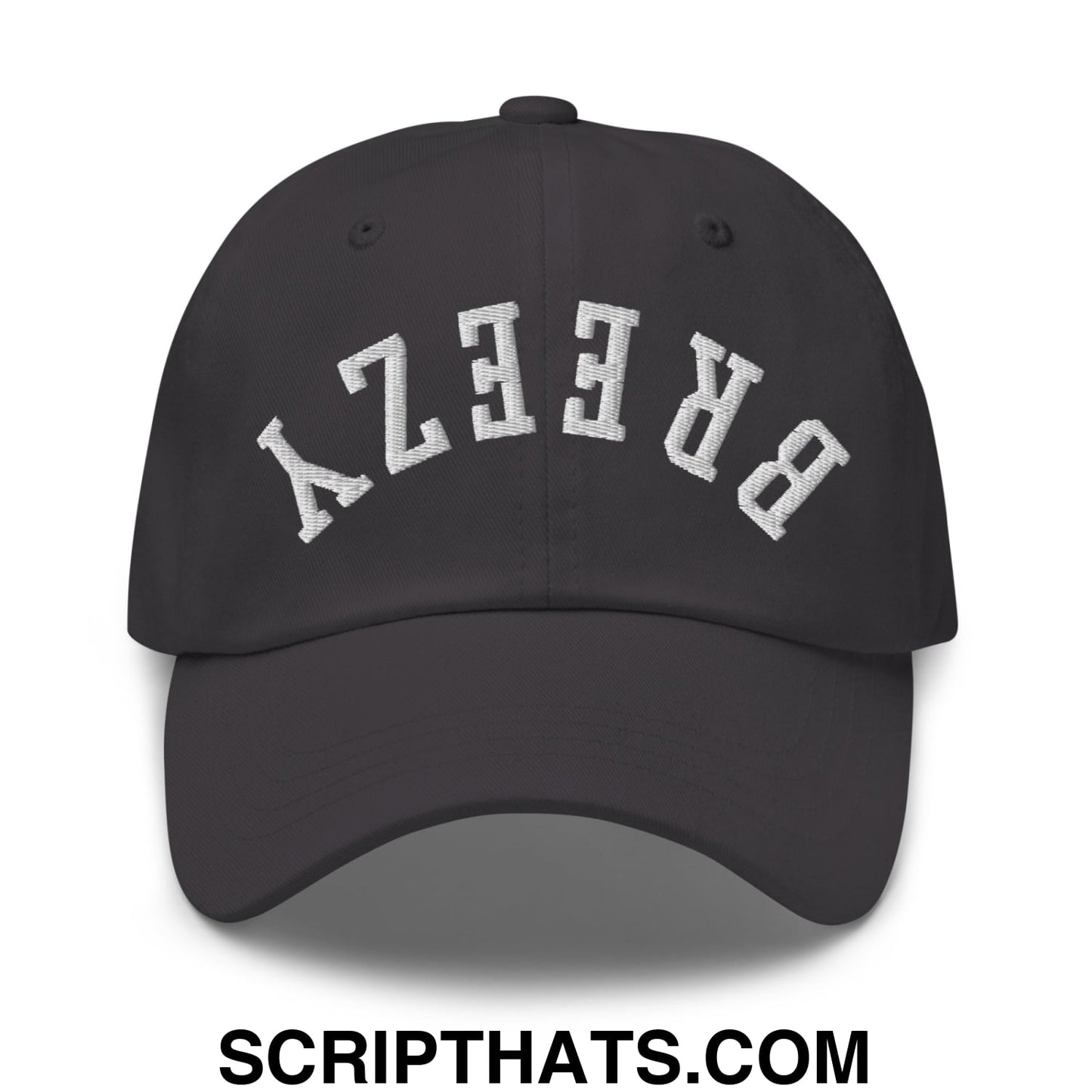 Black unstructured dad hat with white arched breezy embroidery featuring an upside down style design