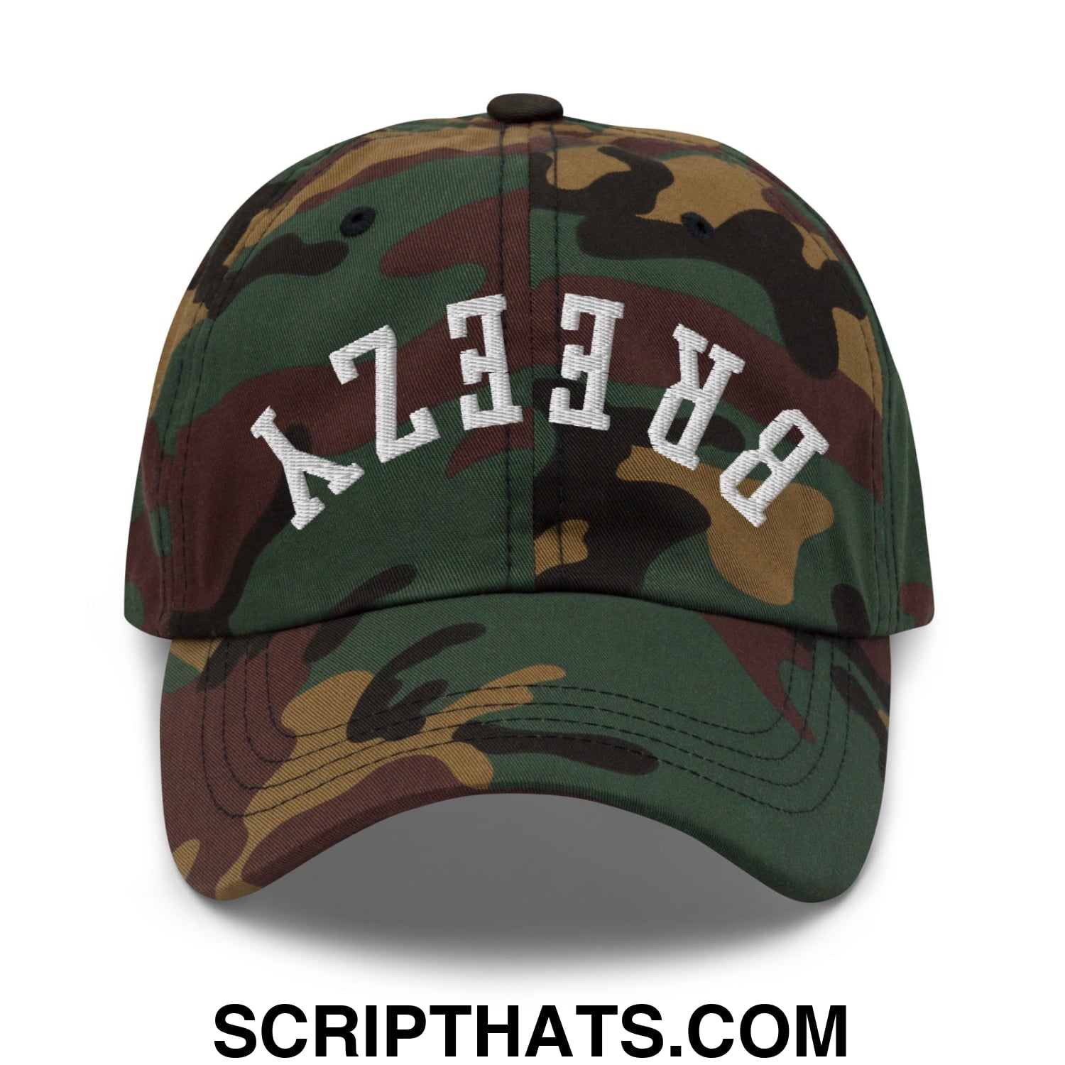 A camouflage unstructured dad hat with white breezy embroidered in arched lettering on the front
