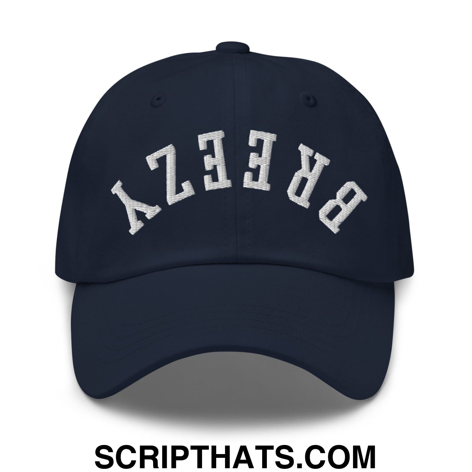 Navy blue unstructured dad hat with white embroidered breezy lettering in a classic arched design