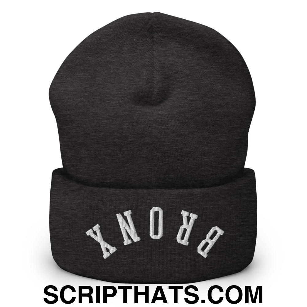 Upside Down Bronx Embroidered Cuffed Knit Beanie Dark Grey