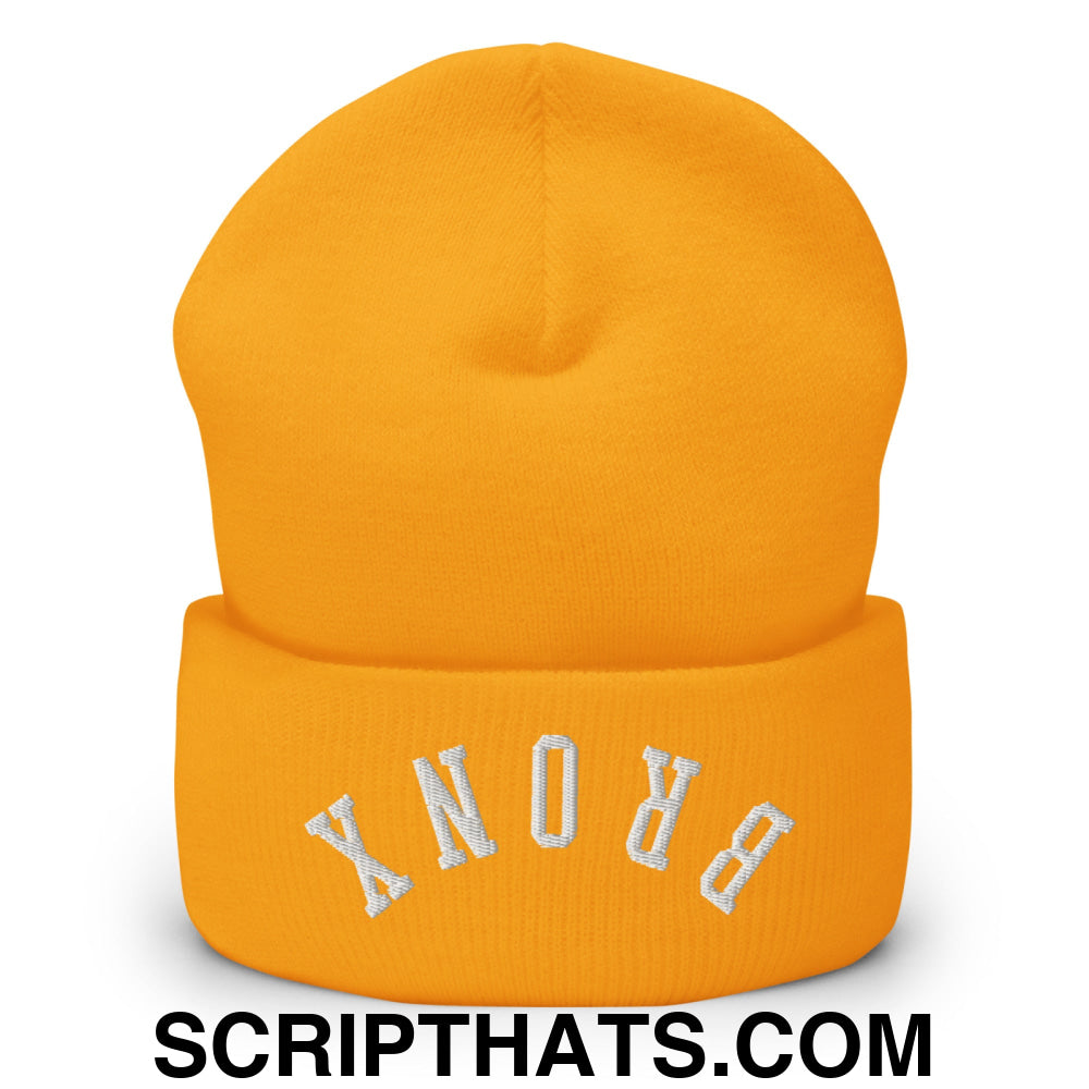 Upside Down Bronx Embroidered Cuffed Knit Beanie Gold