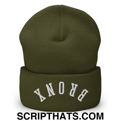 Upside Down Bronx Embroidered Cuffed Knit Beanie Olive