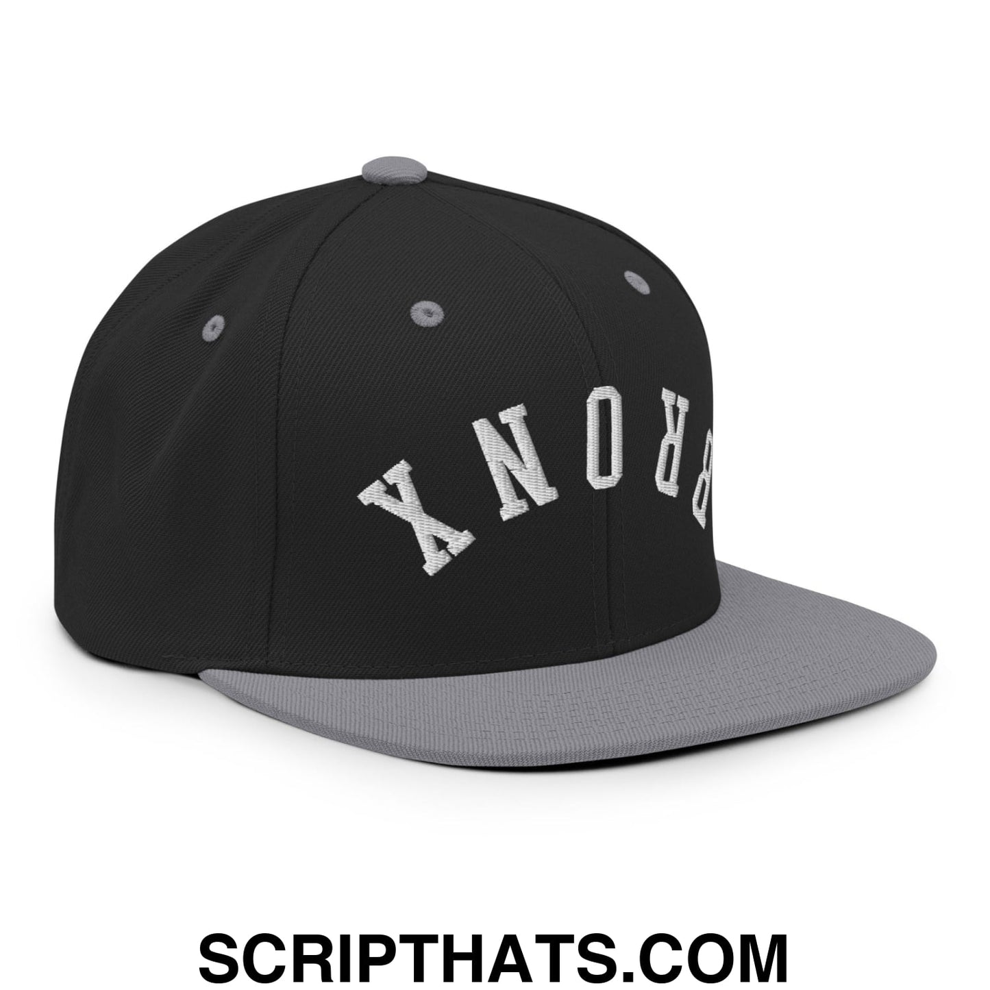 Upside Down Bronx Embroidered Flat Bill Brim Snapback Hat Black Silver