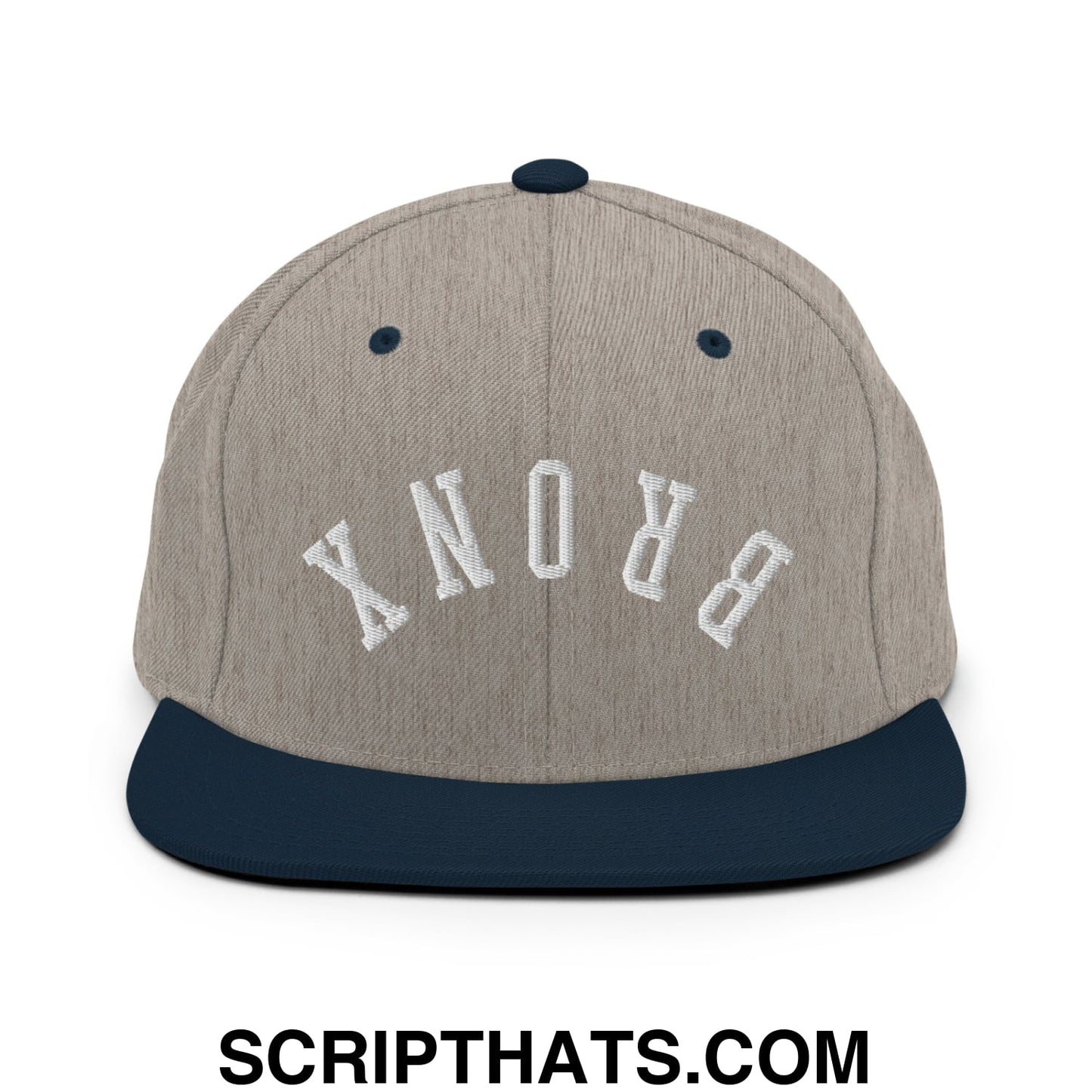 Upside Down Bronx Embroidered Flat Bill Brim Snapback Hat Heather Grey Navy