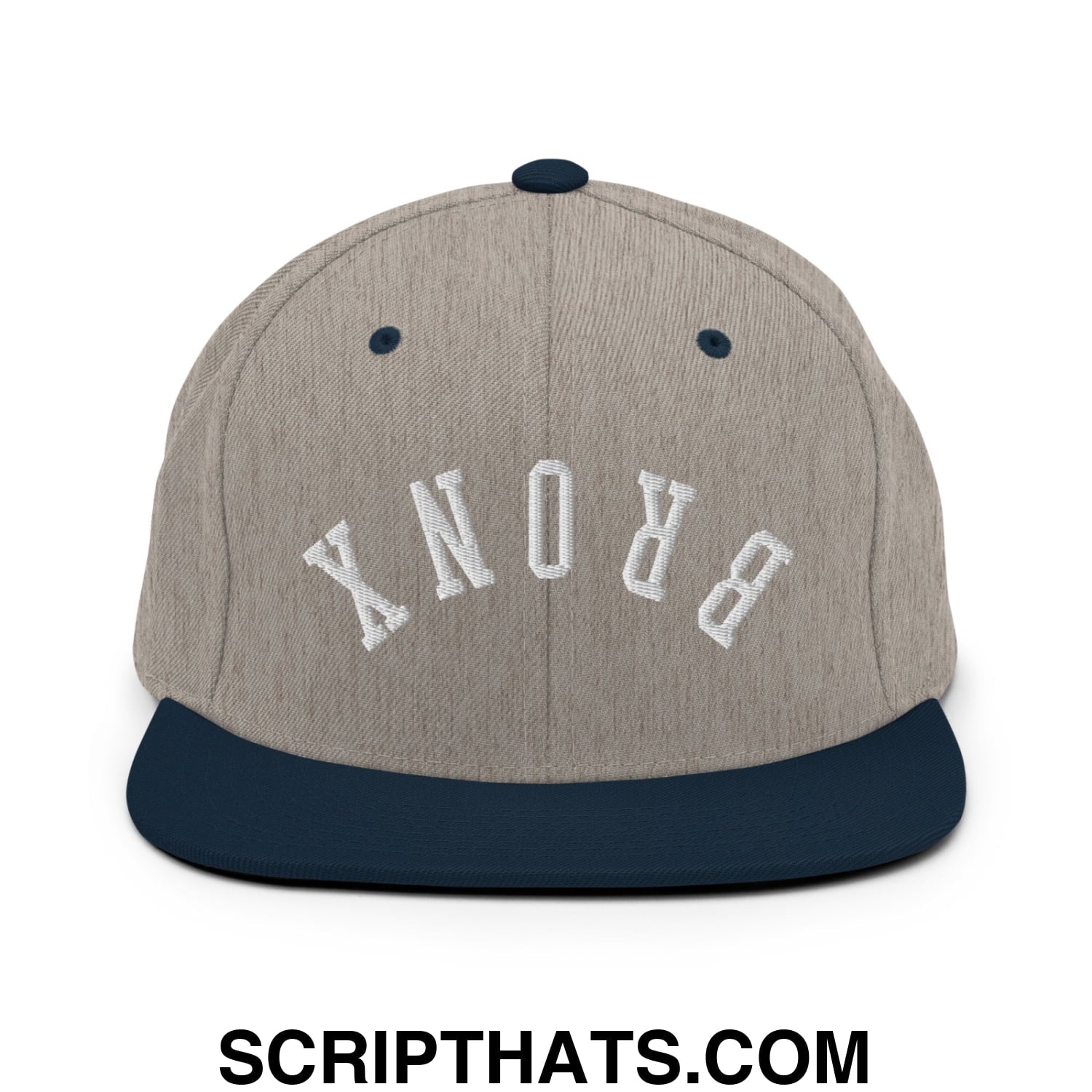 Upside Down Bronx Embroidered Flat Bill Brim Snapback Hat Heather Grey Navy