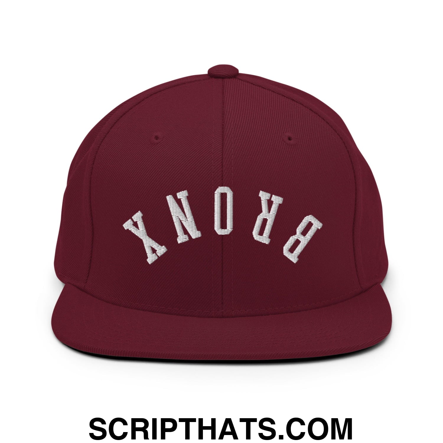 Upside Down Bronx Embroidered Flat Bill Brim Snapback Hat Maroon