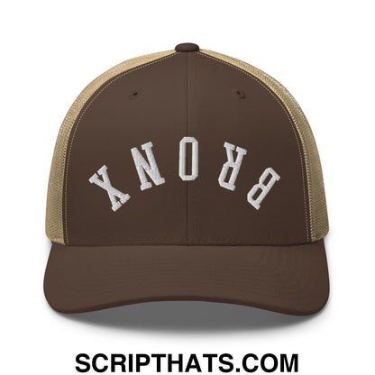 Upside Down Bronx Embroidered Mesh Trucker Hat Brown Khaki