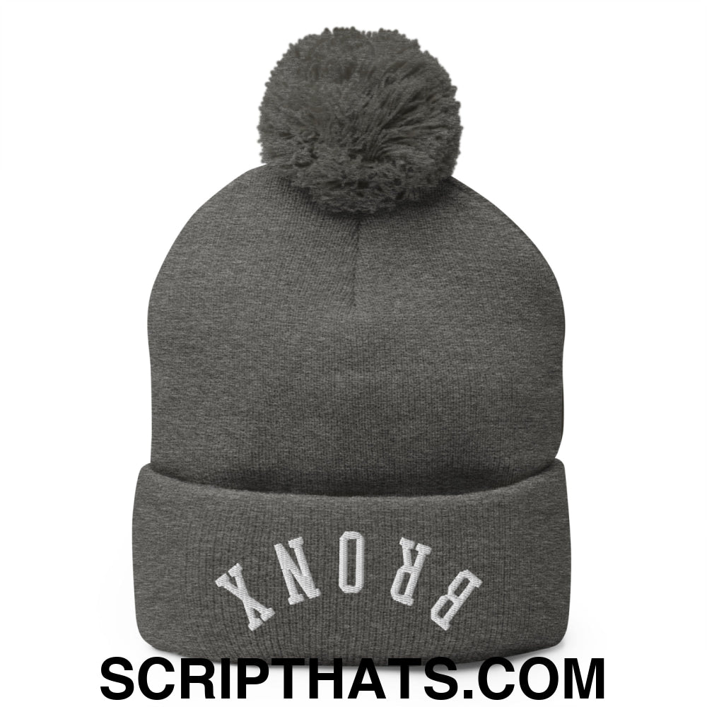 Upside Down Bronx Embroidered Pom Pom Knit Beanie Dark Heather Grey