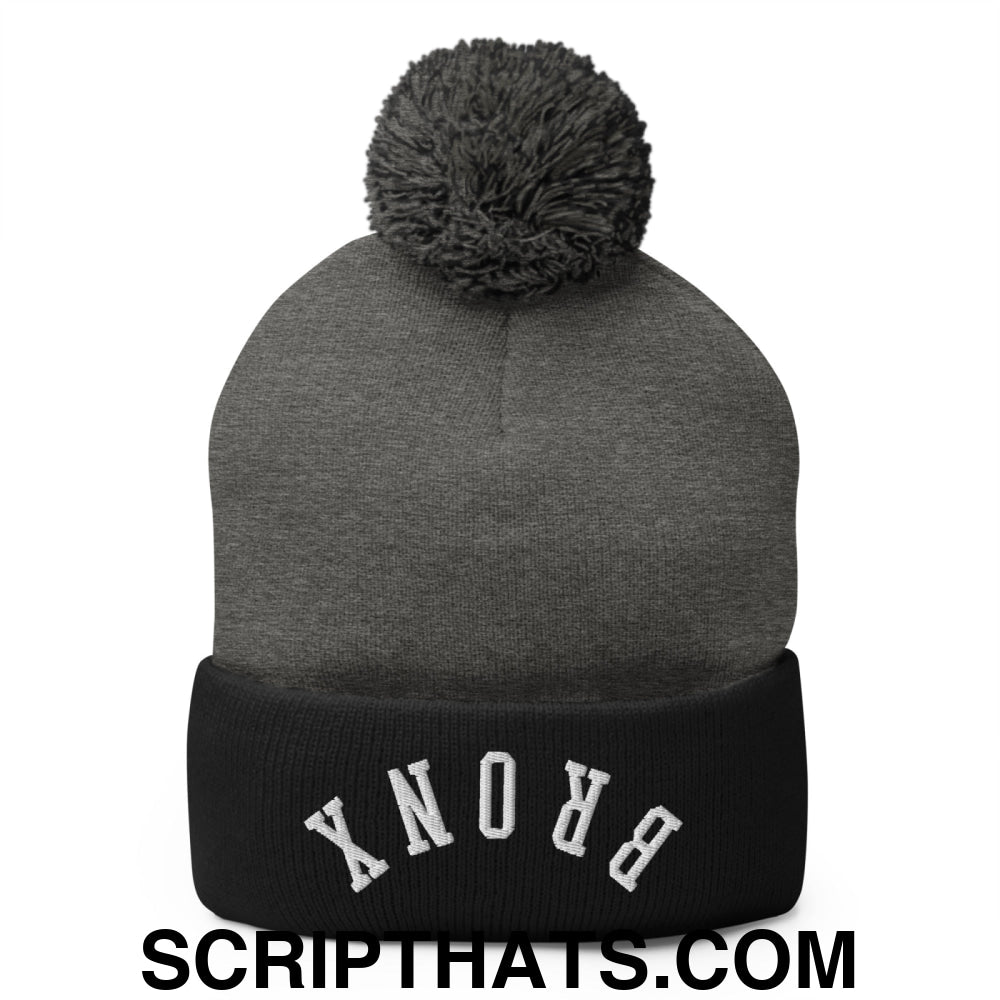 Upside Down Bronx Embroidered Pom Pom Knit Beanie Dark Heather Grey Black