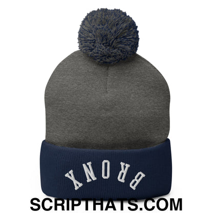 Upside Down Bronx Embroidered Pom Pom Knit Beanie Dark Heather Grey Navy