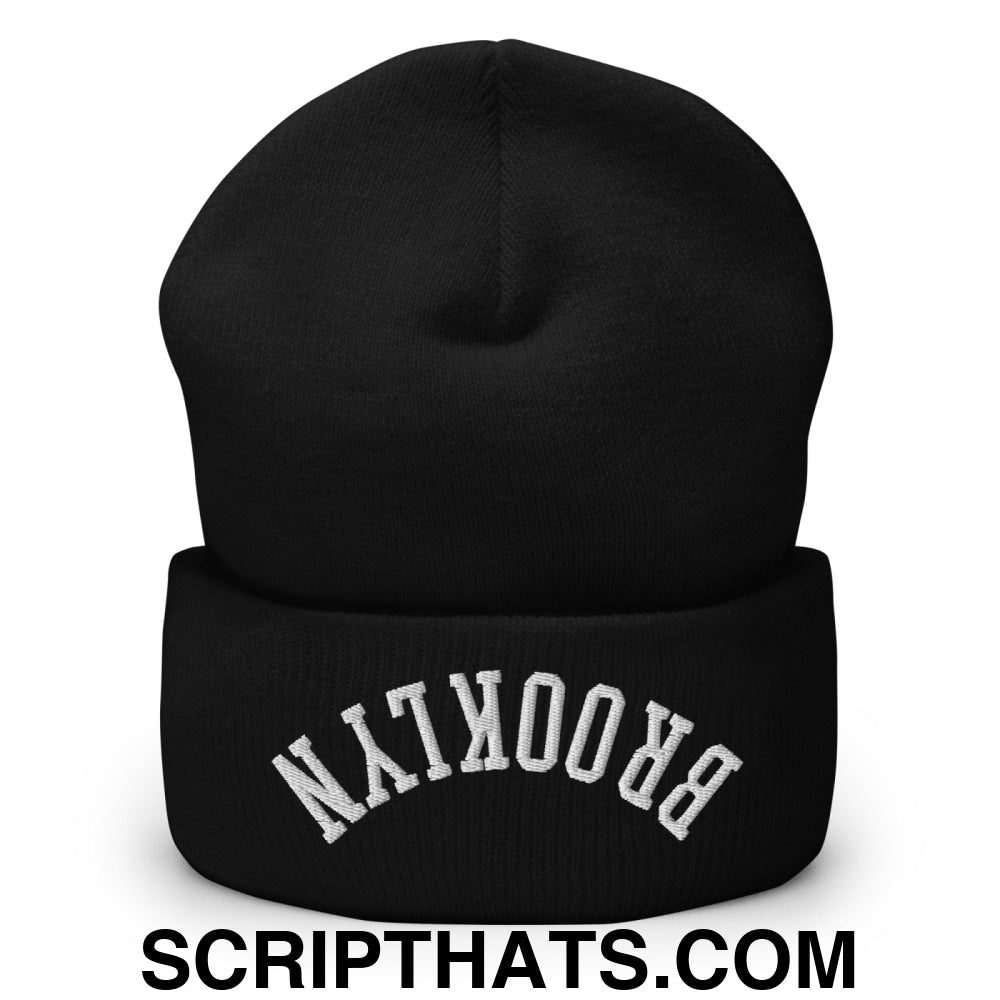 Upside Down Brooklyn Embroidered Cuffed Knit Beanie Black