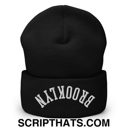 Upside Down Brooklyn Embroidered Cuffed Knit Beanie Black
