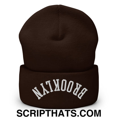 Upside Down Brooklyn Embroidered Cuffed Knit Beanie Brown