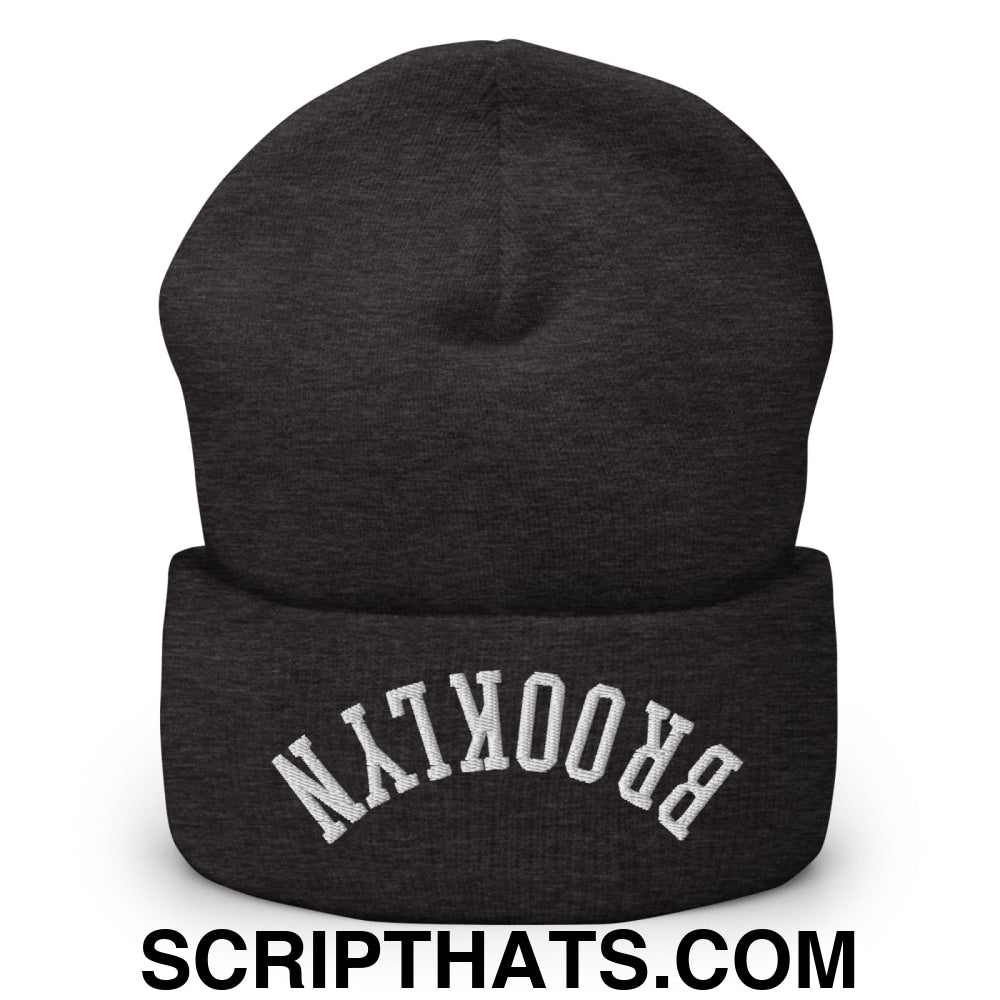 Upside Down Brooklyn Embroidered Cuffed Knit Beanie Dark Grey