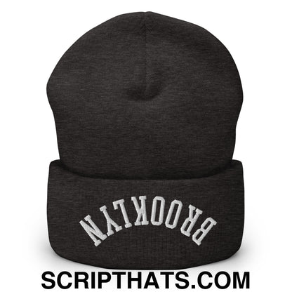 Upside Down Brooklyn Embroidered Cuffed Knit Beanie Dark Grey